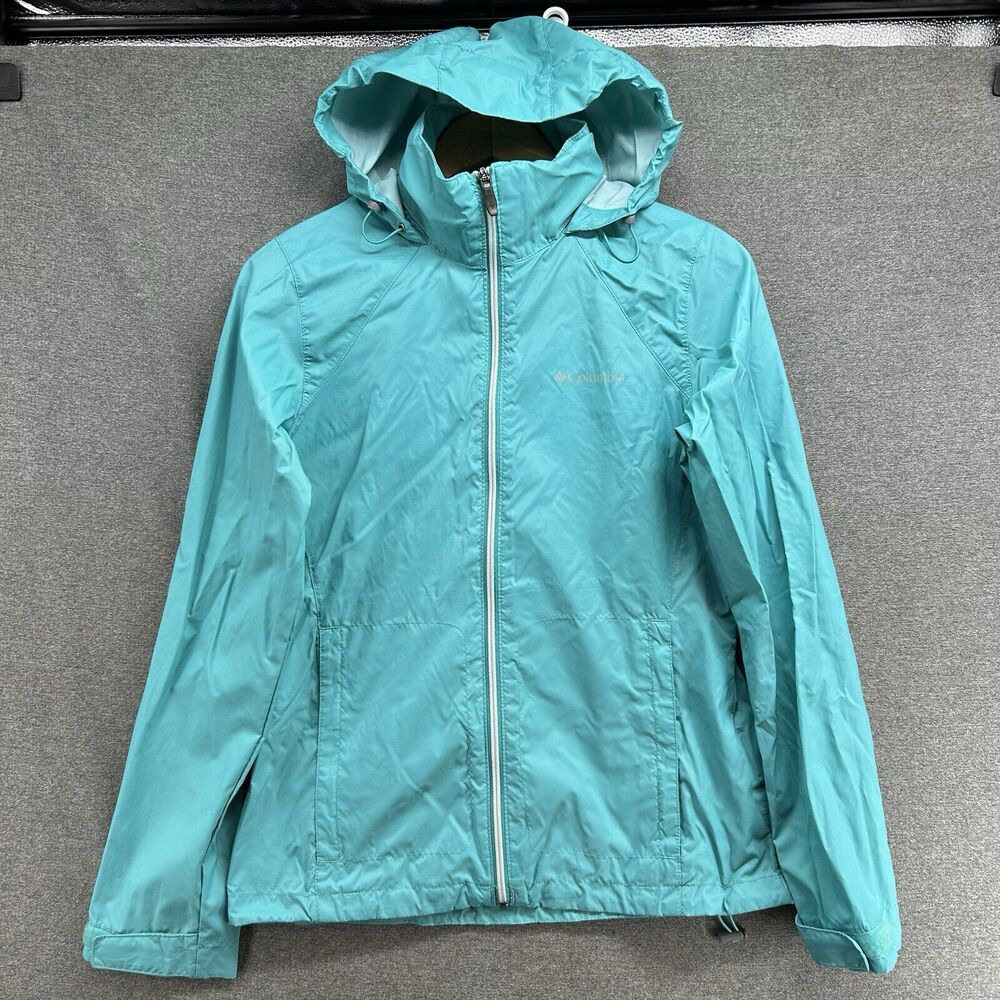 Columbia Jacket Womens Small Turquoise Lightweight Packable Rain Coat Hooded